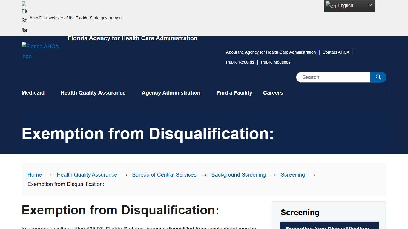 Exemption from Disqualification: | Florida Agency for Health Care Administration